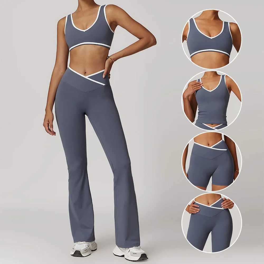 High quality Yoga Set 2 Piece Women Shorts vest Suits Workout Bra Cropped Sports High Waist Gym flares Legging Fitness Wear 8843 J251112
