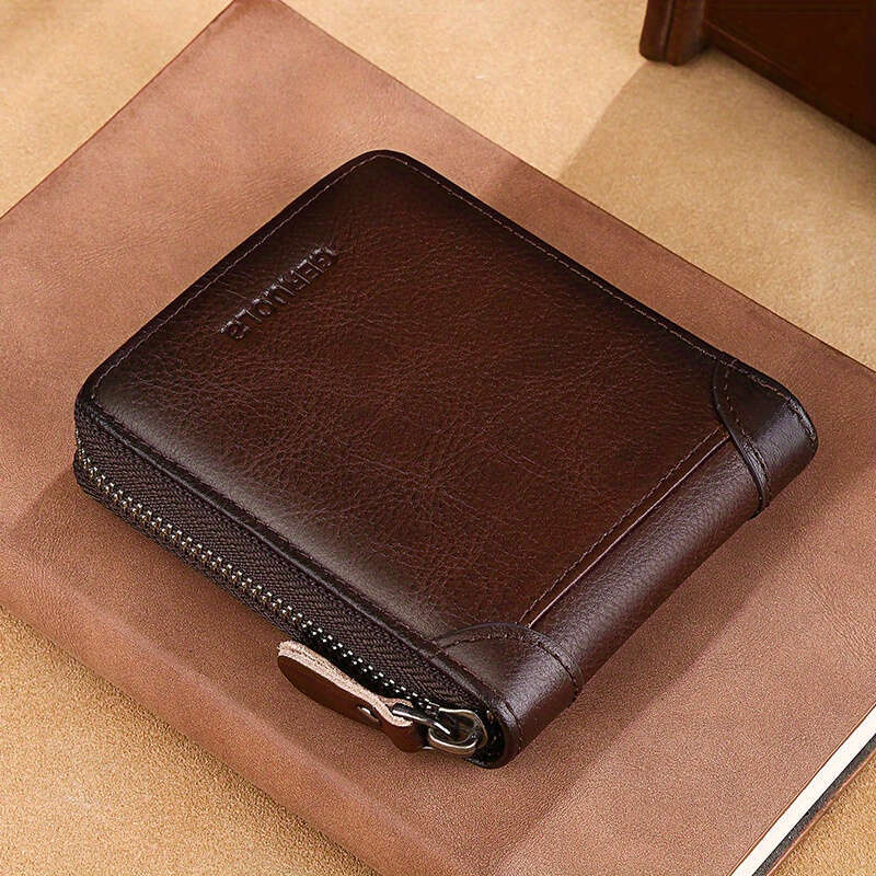 Men's New Genuine Leather Short Large Capacity Zipper 70% off Coin Purse Card Holder Integrated Ultra-thin Wallet R