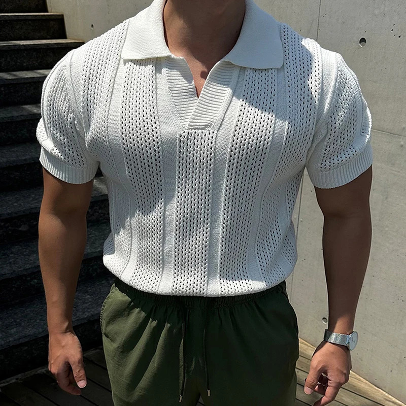 2025 Spring Summer Casual Mens Mesh Polo Shirts Slim Fit Knitted Short Sleeve Polo Tops Men Vintage Lapel Solid Color Pullovers 250409