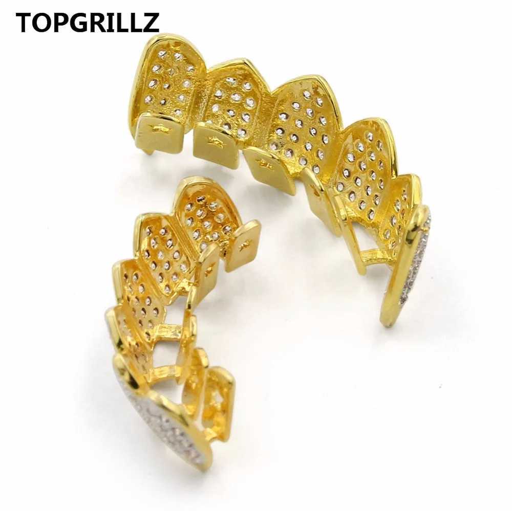 TOPGRILLZ Hip Hop Grill Iced Out AAA Zircon Square Teeth Grill Cover Top and Bottom Grill Set Mens Vampire Grill W250412
