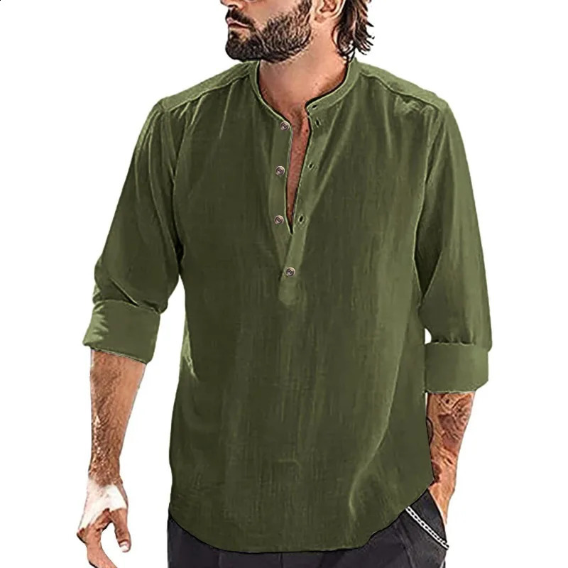 Mens Shirt Loose and Versatile Solid Color Stand Up Collar Cotton Linen Long Sleeved Stock Black 250411