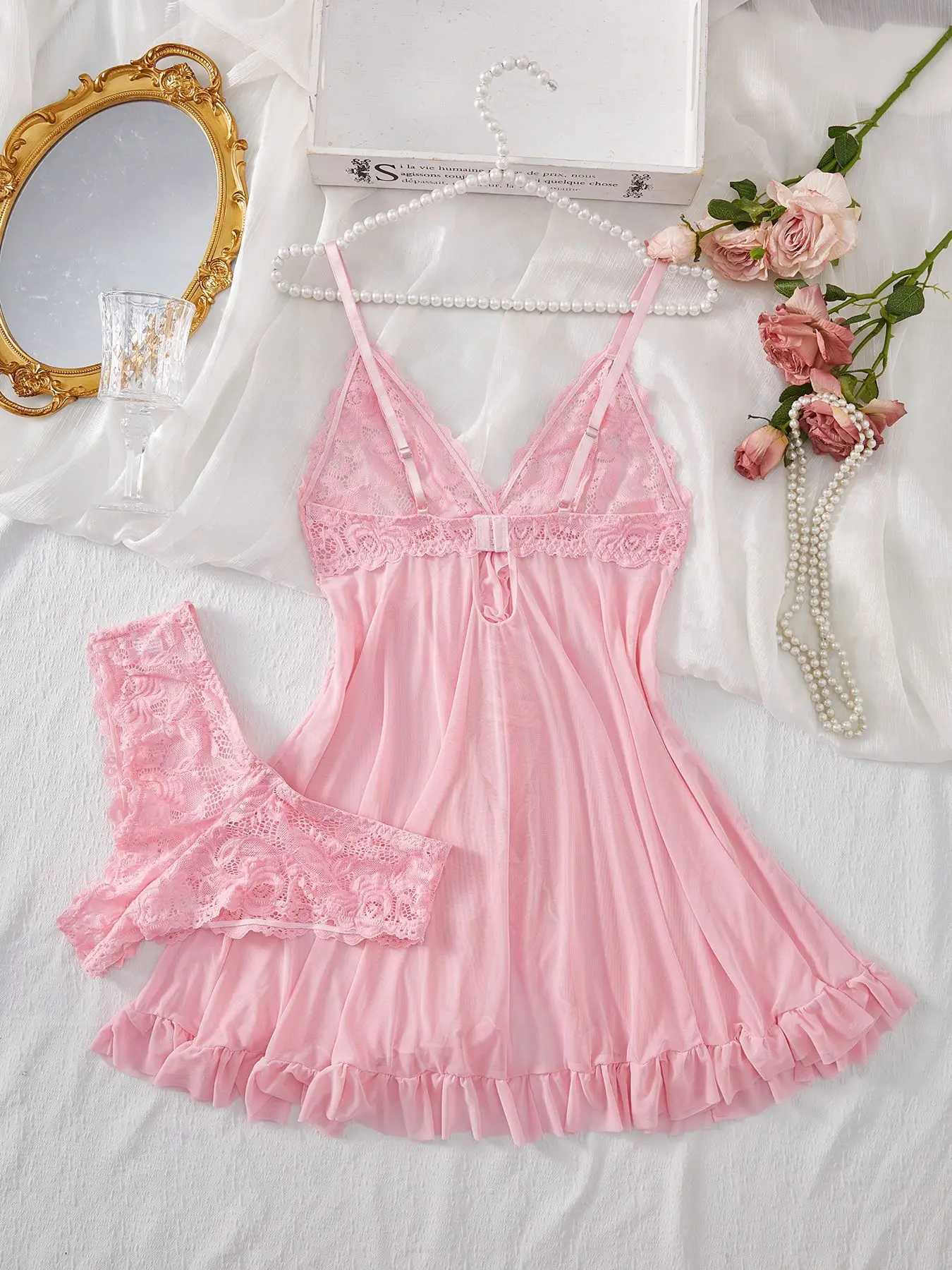 Sexy lingerie set womens erotic bra night gown sexy lace sleepwear pure thin soft dress V-neck full slip sleepwear and dress W250412