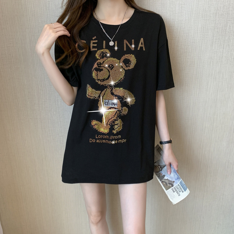 Designer Women's Hot Diamond T-shirt Summer Bear Pattern Black Women's Short Sleeve Combed Cotton Loose Medium To Long Version Instagram Fas