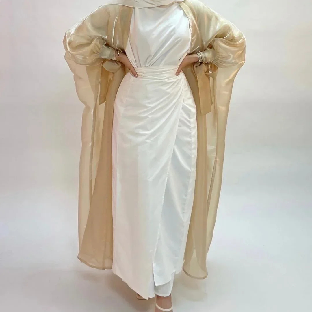Eid al Fitr Abaya Dubai Fluffy Sleeve Muslim Dress Silk Kaftan Womens Kimono Islamic Abayas African 250411