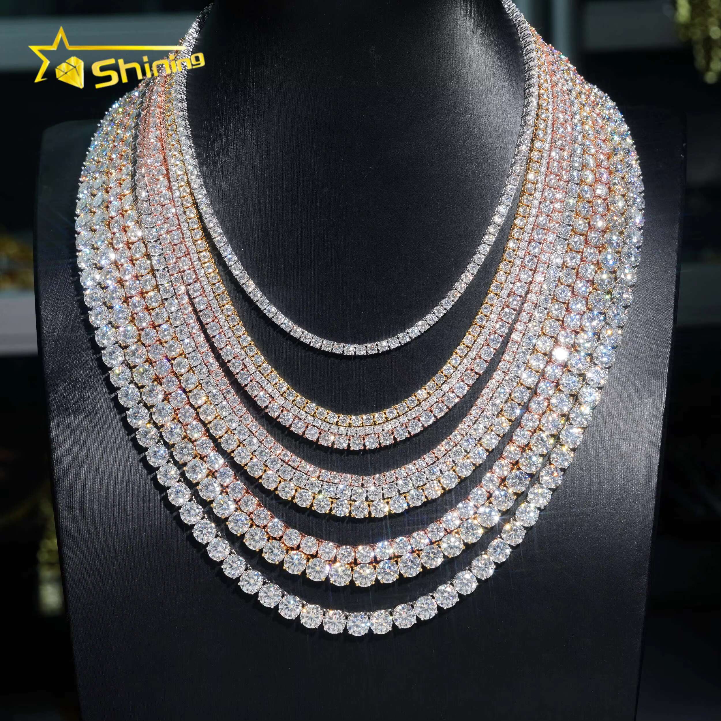 Pass Diamond Tester Large Stock Hip Hop Jewelry 2.0mm-6.5mm VVS Moissanite Diamond 925 Silver Iced Out Tennis Chain Necklaces