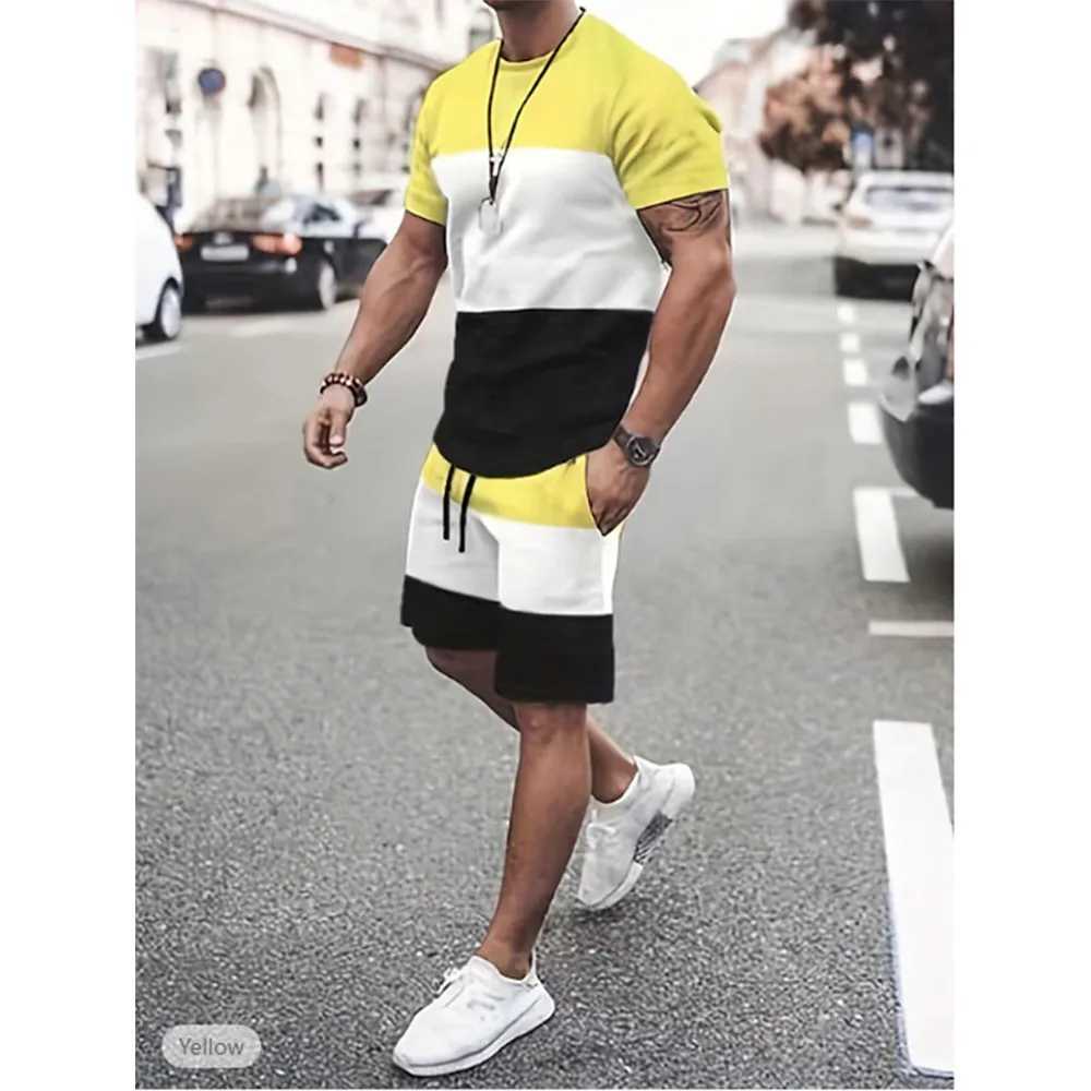 Mens T-shirt set track shorts and T-shirt set colored building blocks crew collar vacation short sleeves 2-piece clothing setXJ250412