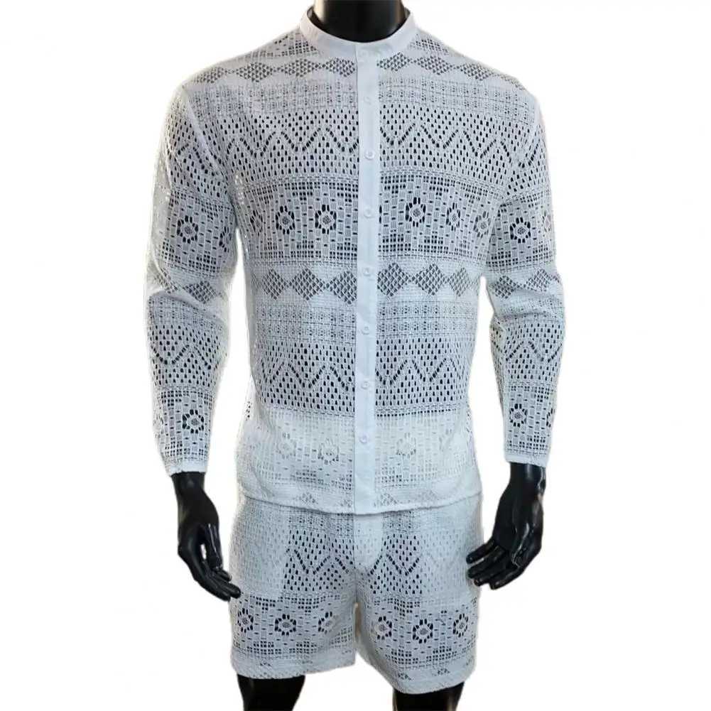 Ropa hombre Autumn 1 set mens top hollow solid color lace see through wedding dress mens two-piece setXJ250412