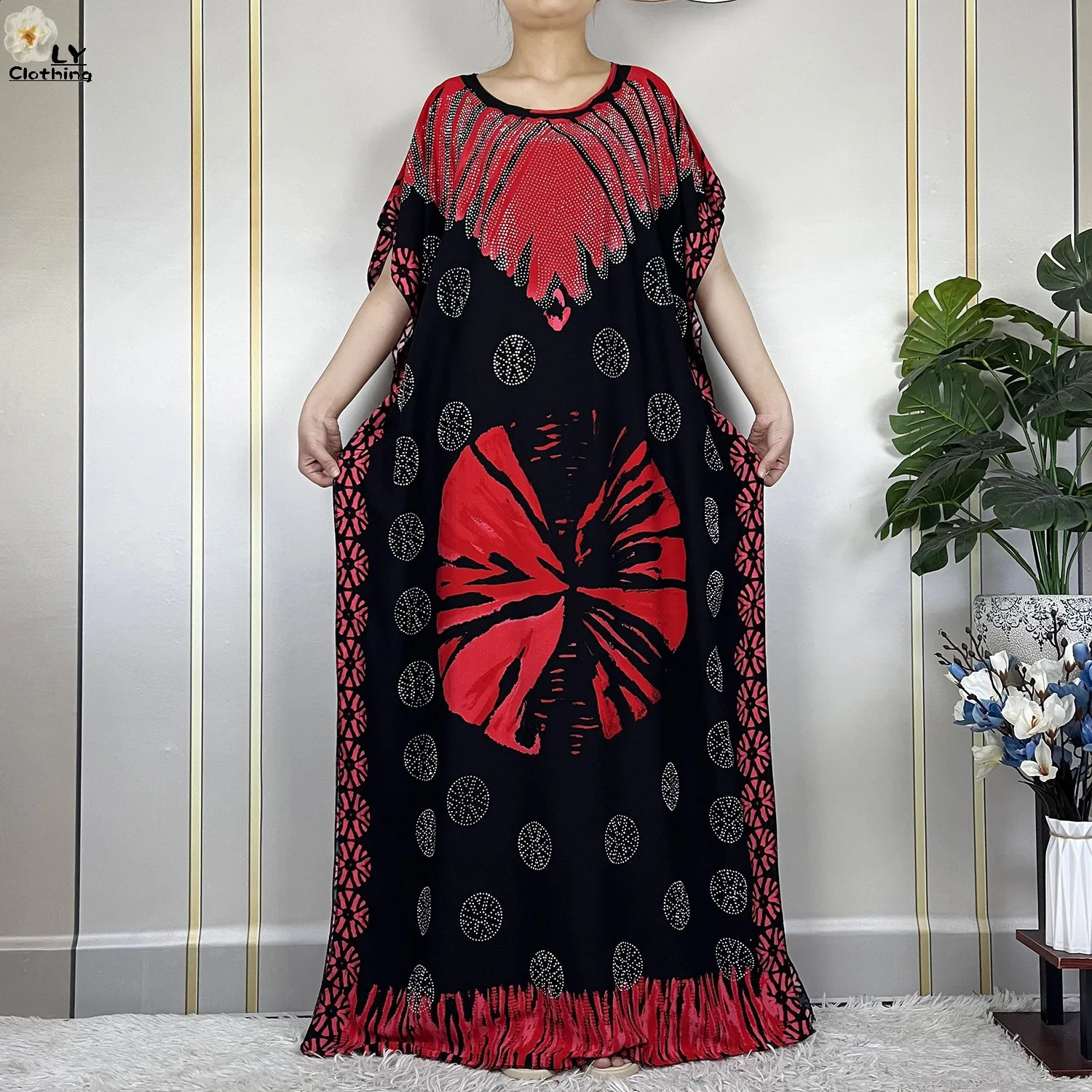 Latest African Womens Summer Short sleeved Dubai Kaftan Diamond Printed Cotton Maxi Muslim Loose Dress with Scarf 250411