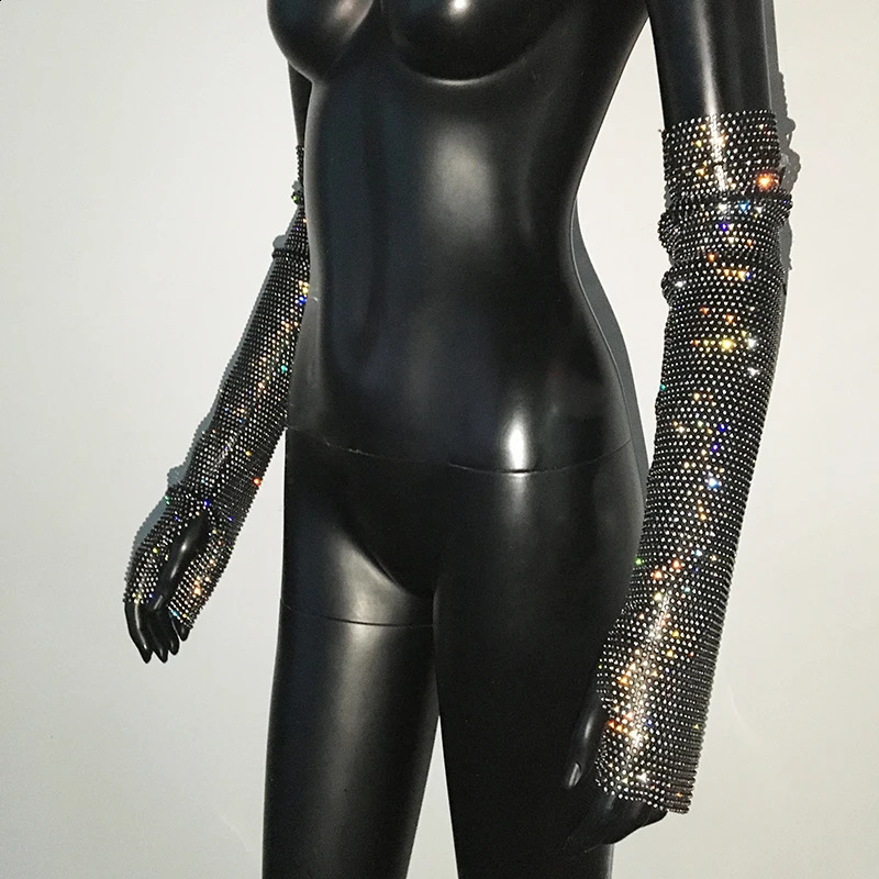 Y2K Streetwear Sparkly Dimaond Gloves Fishnet See Through Sunscreen Oversleeve Crystal Rhinestone Club Rave Festival Fingerless 250408