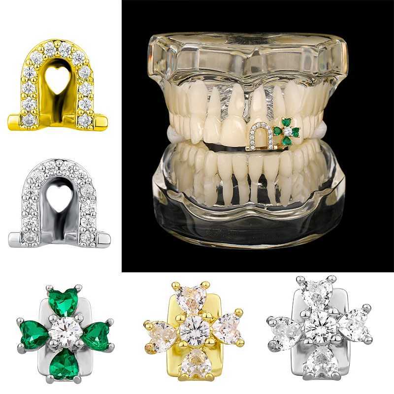 TOPGRILLZ Single/Double Hollow Zirconia Grilz 14K Gold Plated CZ Stone Green Flower Design Womens Jewelry Tooth Cap W250412
