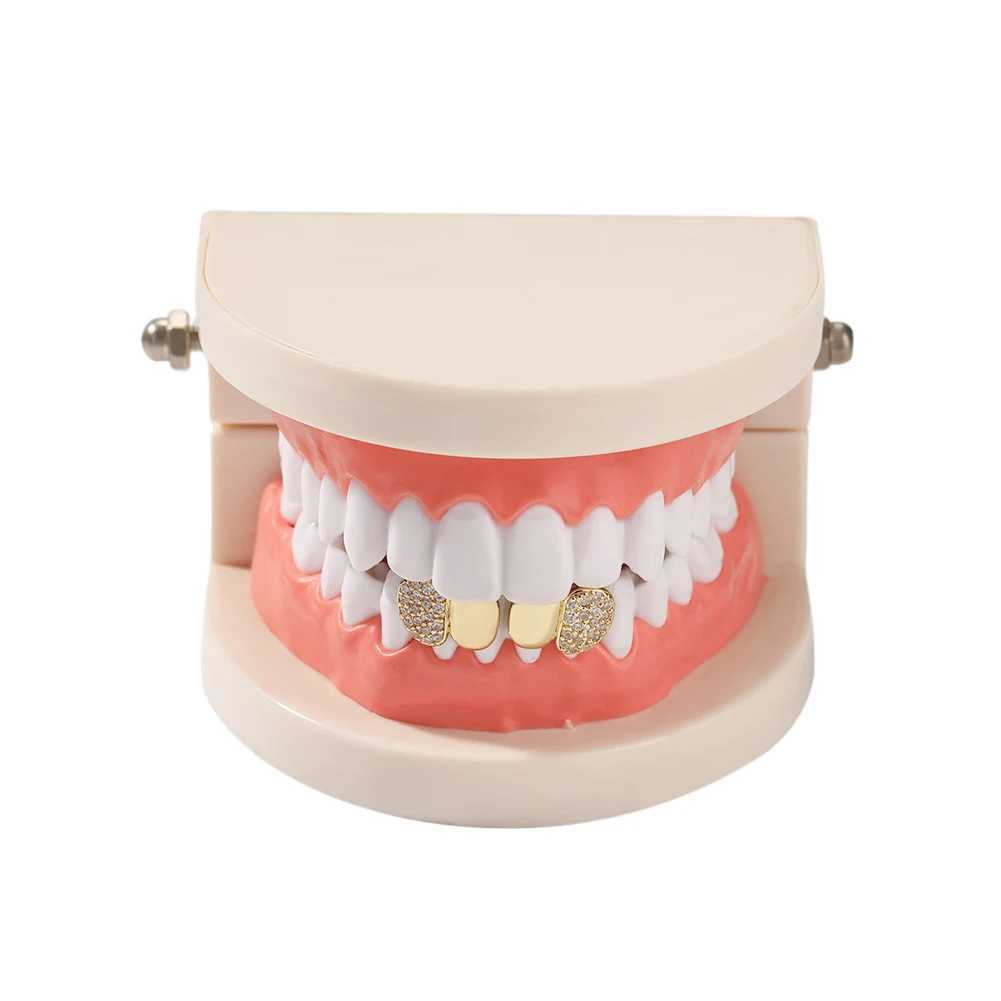 BLING KING Iced Out Double Hat Grillz Half CZ Design 14K Gold Plated Dental Grills Canine Regular Double Teeth Top or Bottom W250412