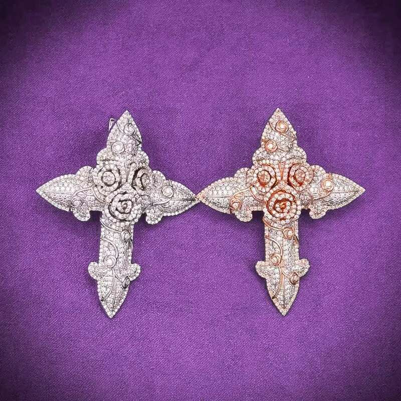 GRA D Color Moissanite Iced Out Mens Cluster Flower Rose Cross Pendant With 925 Sterling Silver Pass Diamond Tester