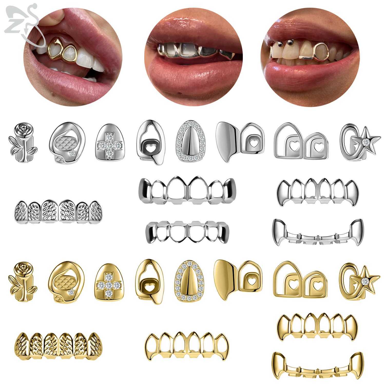 ZS 1 PC/1 set hip-hop silver gold-plated Grillz teeth gloss CZ crystal cross gap Grillz rose star shaped upper and lower tooth caps W250412