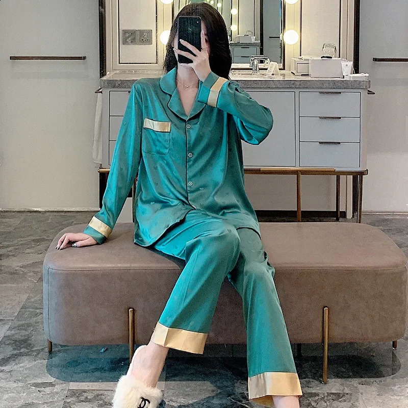 High Qualtiy Ice Silk Pajamas Suit Women Spring Autumn Thin Long-sleeved Trousers Two-piece Sleepwear Summer Loungewear Female 250411