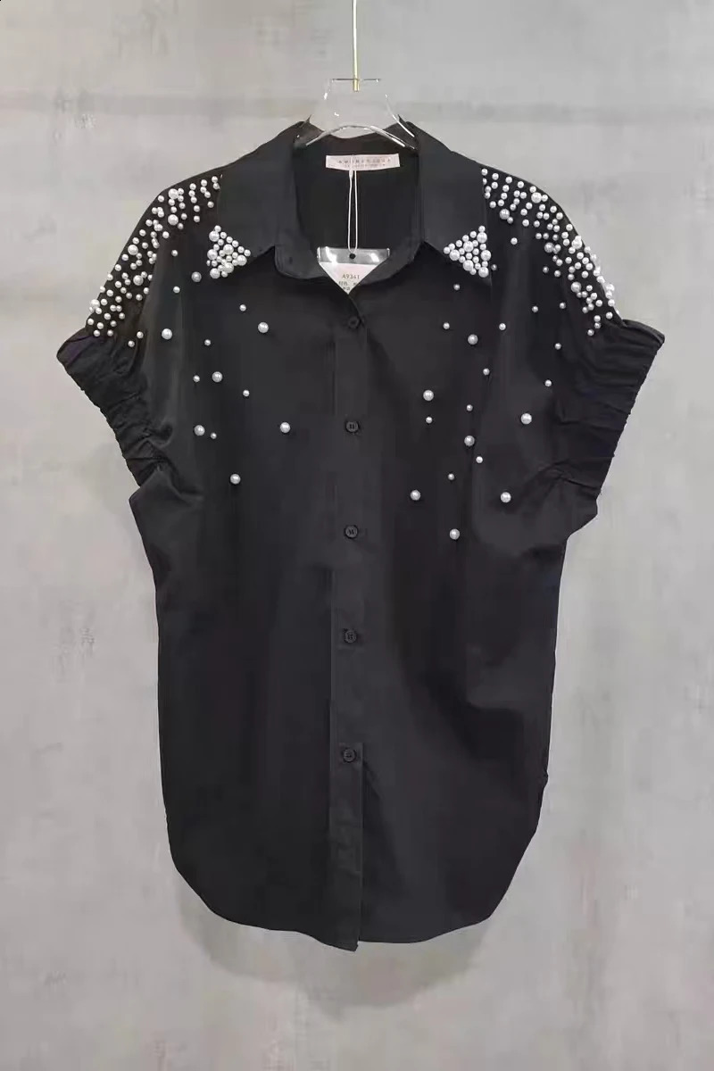 High-end Pears Beads Stitch Loose Casual Black Cotton Shirts Blouses For Women 2025 Summer Short Sleeve Mid-length Tops Clothes 250411