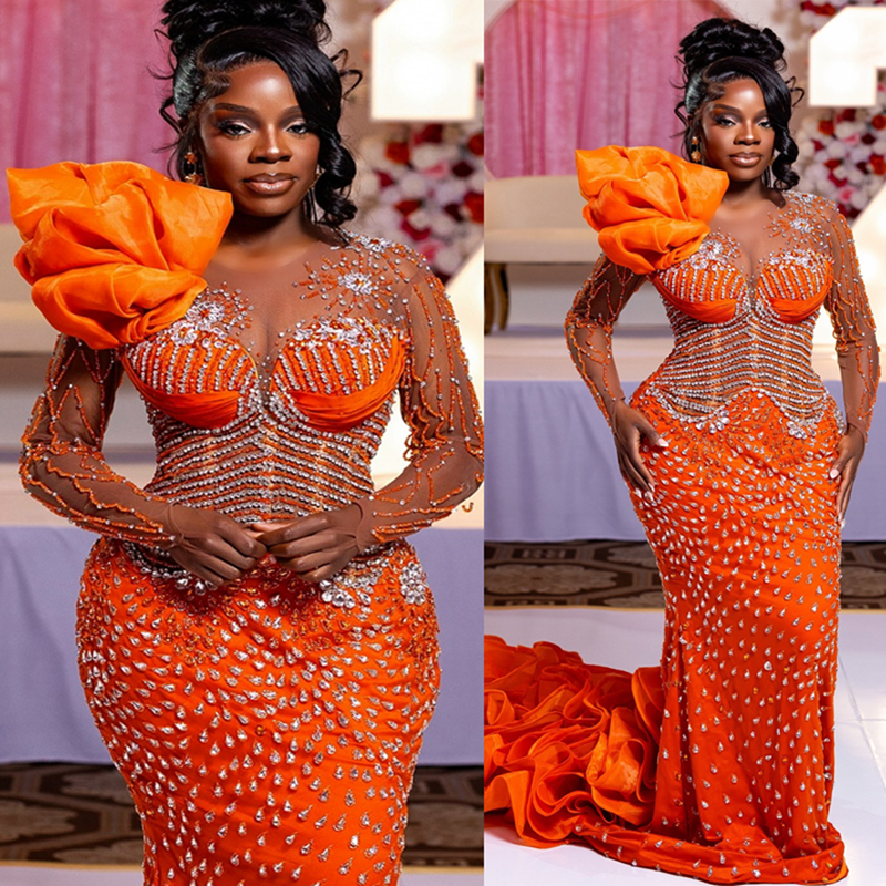 2025 Plus Size Orange Prom Dress Mermaid Prom Dresses Evening Gowns For Special Occasions Sheer Neck Beaded Lace Crystals Birthday Second Reception Go