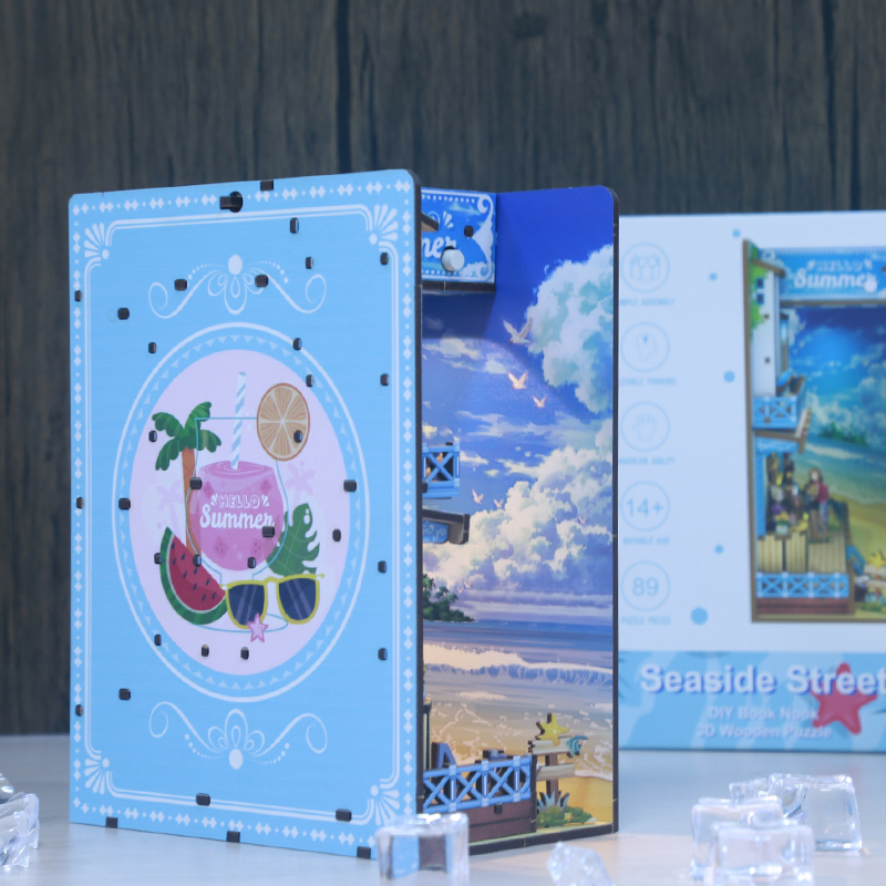 Seaside Street DIY Assembled Bookend, Exquisite Coastal-Themed Wooden Craft with LED Light Effect, Creative Bookshelf Insert Decor-L0321P