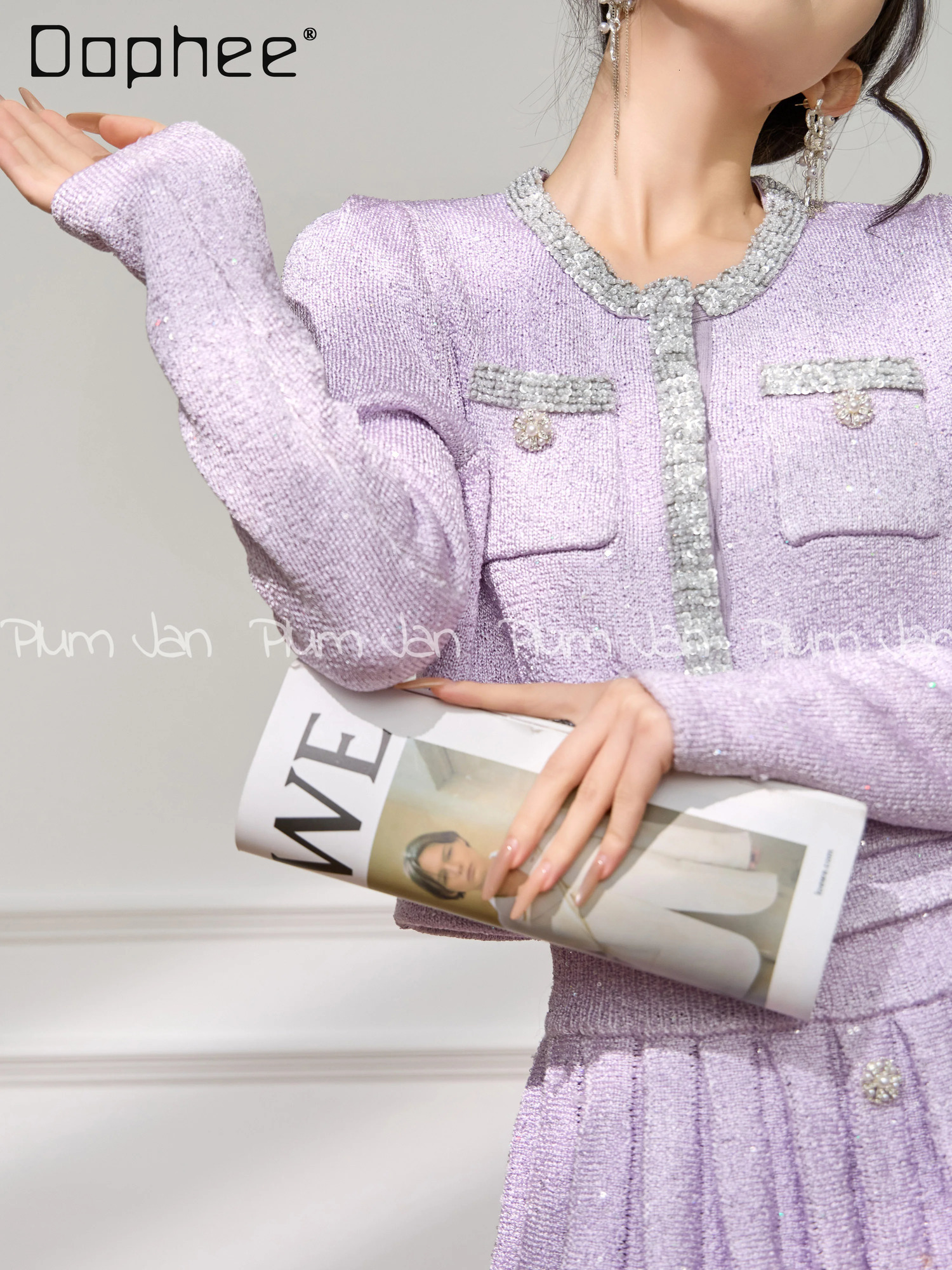 French Elegant Socialite Tweed Sets Heavy Beading Rhinestone Round Neck Long Sleeve Short Cardigan Pleated Skirt Two-Piece Set 251105