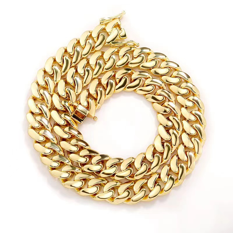Mens Simple Plain Cuban Chain Necklace Solid Yellow Gold Plated Hip Hop Styles Big Size Miami Cuban Link Daily Wear Jewelry
