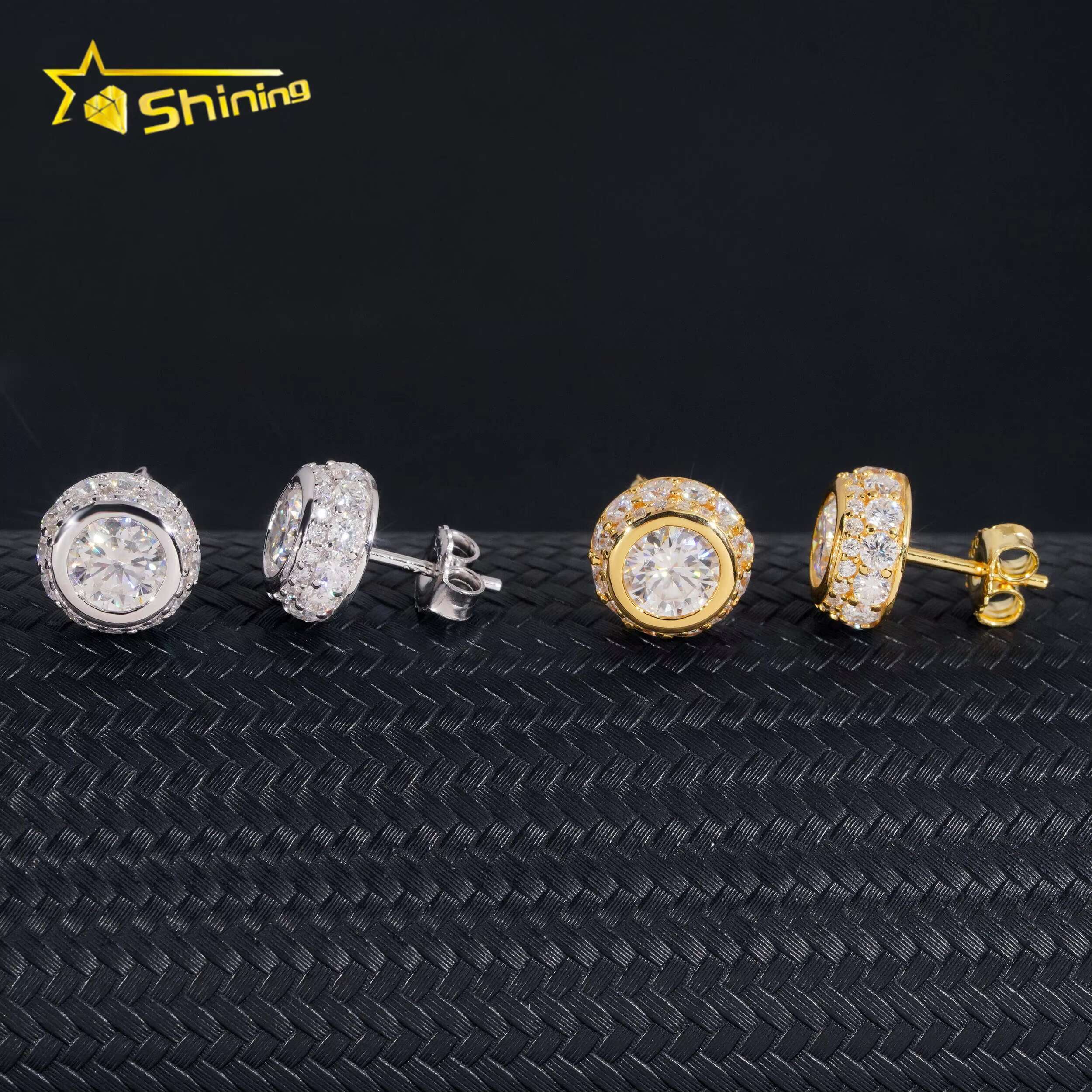Hip Hop Luxury Gold Plated Bezel Setting 1ct Diamond Mens Silver Iced Out Moissanite Earrings
