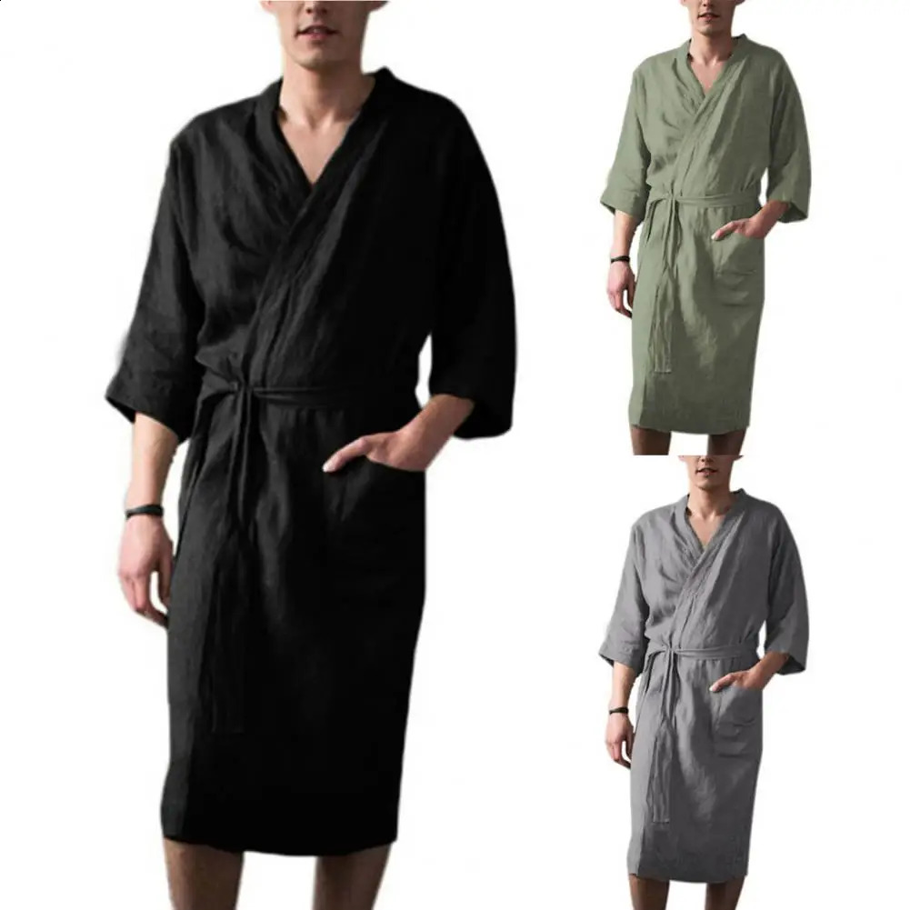 MenS Nightgown Cotton And Linen Robes Spring And Summer Autumn Japanese Kimono Nightgown Homewear Bath Steamed Clothes 250409