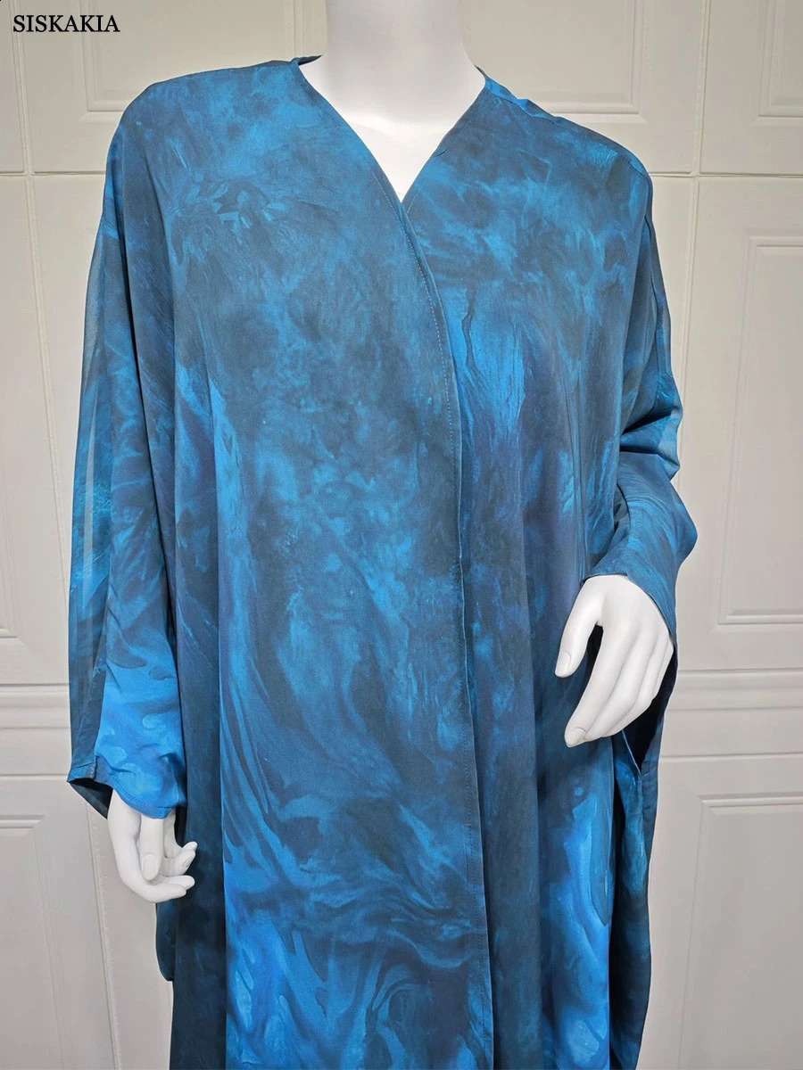 Siskakia Eid Mubarak Clothing Dubai Fashion Tie Dye Long Abaya Muslim Women Bat Sleeve Dress 250411