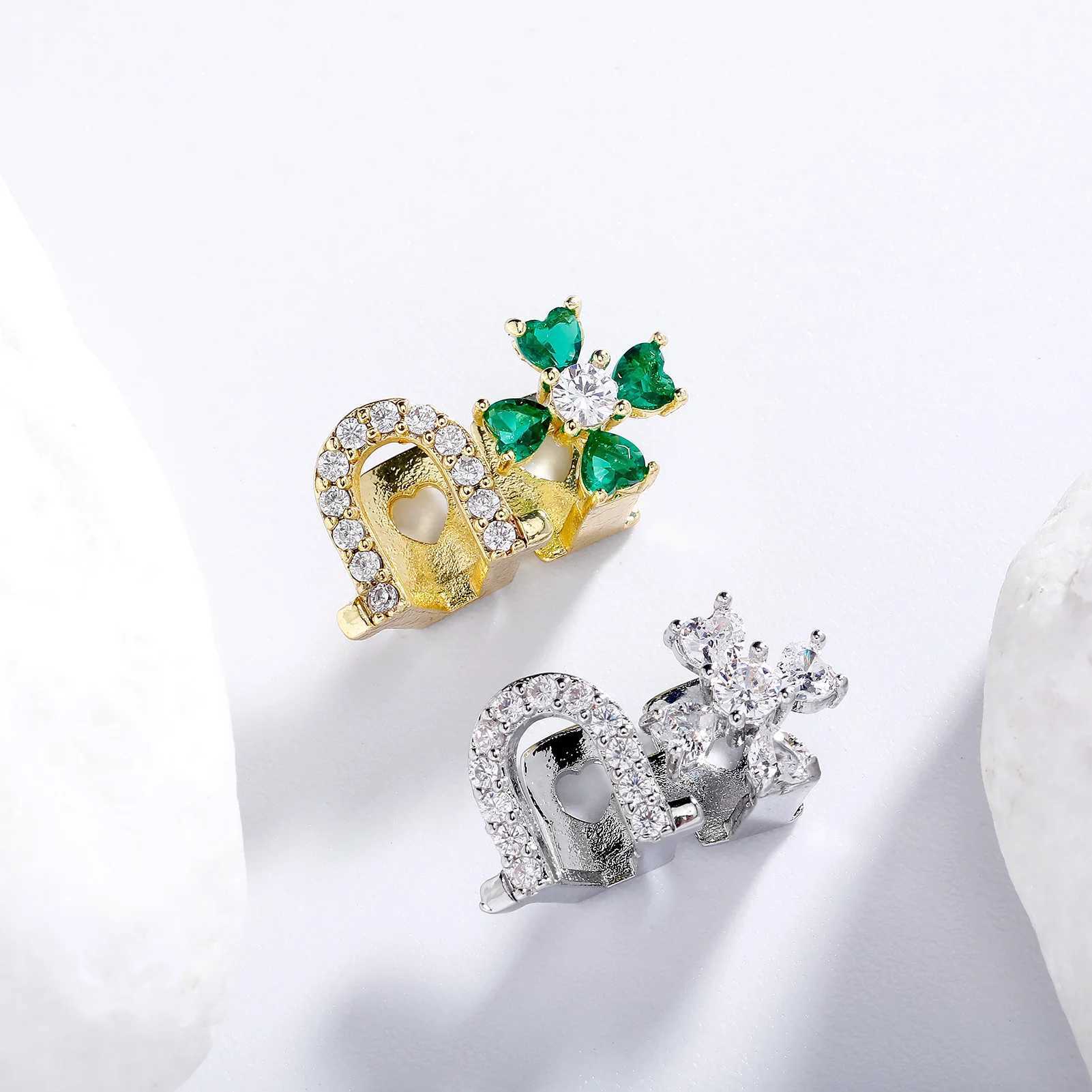 TOPGRILLZ Single/Double Hollow Zirconia Grilz 14K Gold Plated CZ Stone Green Flower Design Womens Jewelry Tooth Cap W250412