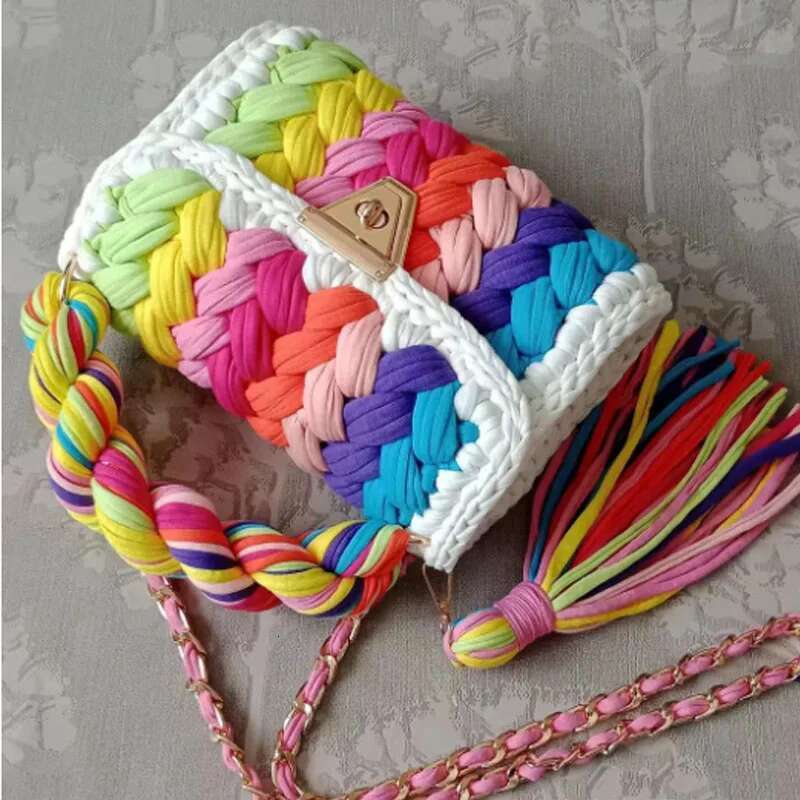 New Handmade Lady Shoulder Crochet Woven Bag Fabric Strip Designer Handbag Purses For Women Tote Bags