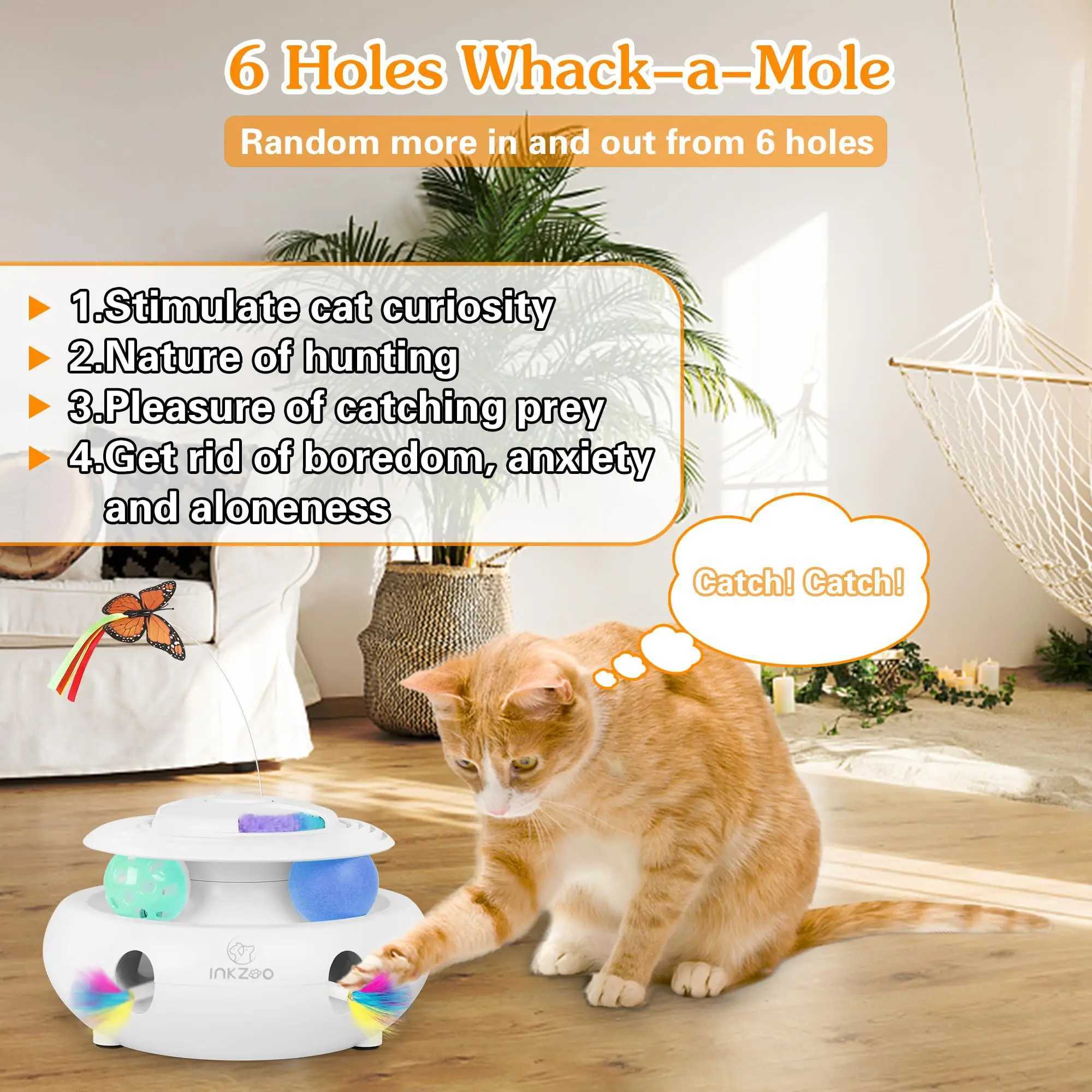 4-in-1 Interactive Cat Toys for Indoor Automatic 6 Holes Mice Whack-A-Mole Fluttering Butterfly Track BallsUSB Rechargeable Y250412