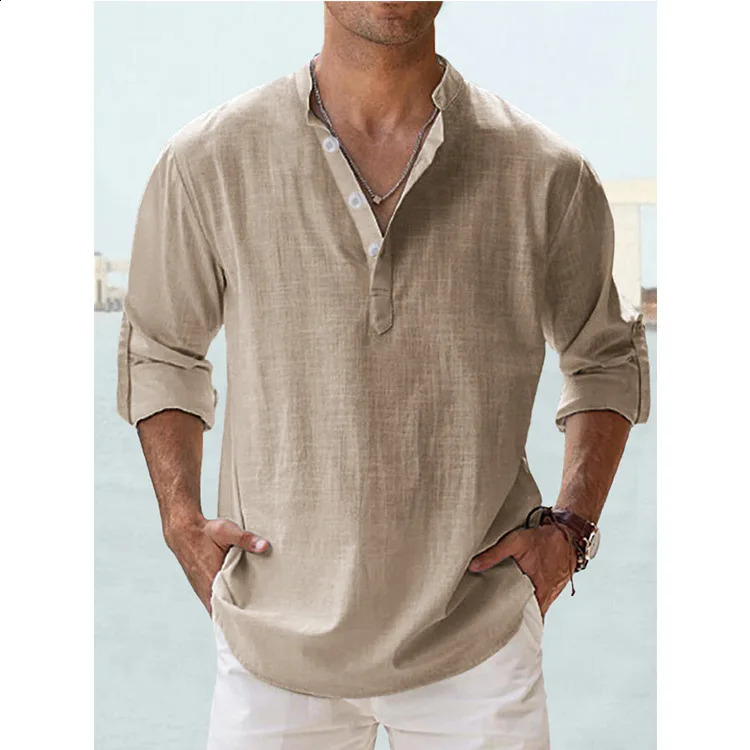 2025 Mens Cotton Linen Shirt Long Sleeve Stand Collar Casual Black White Top Street Casual Big Size Shirts Blouses 250411