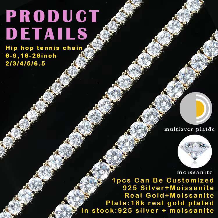 Hiphop Jewelry 925 Silver 18K Gold Plated Pass the Diamond Tester D/VVS Moissanite Tennis Chain for Factory Price