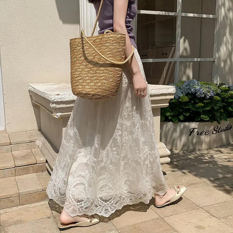 Chinese Style Chinese Style Lace Skirt Womens High-waisted Temperament Solid Color Skirt Long Skirt 250411