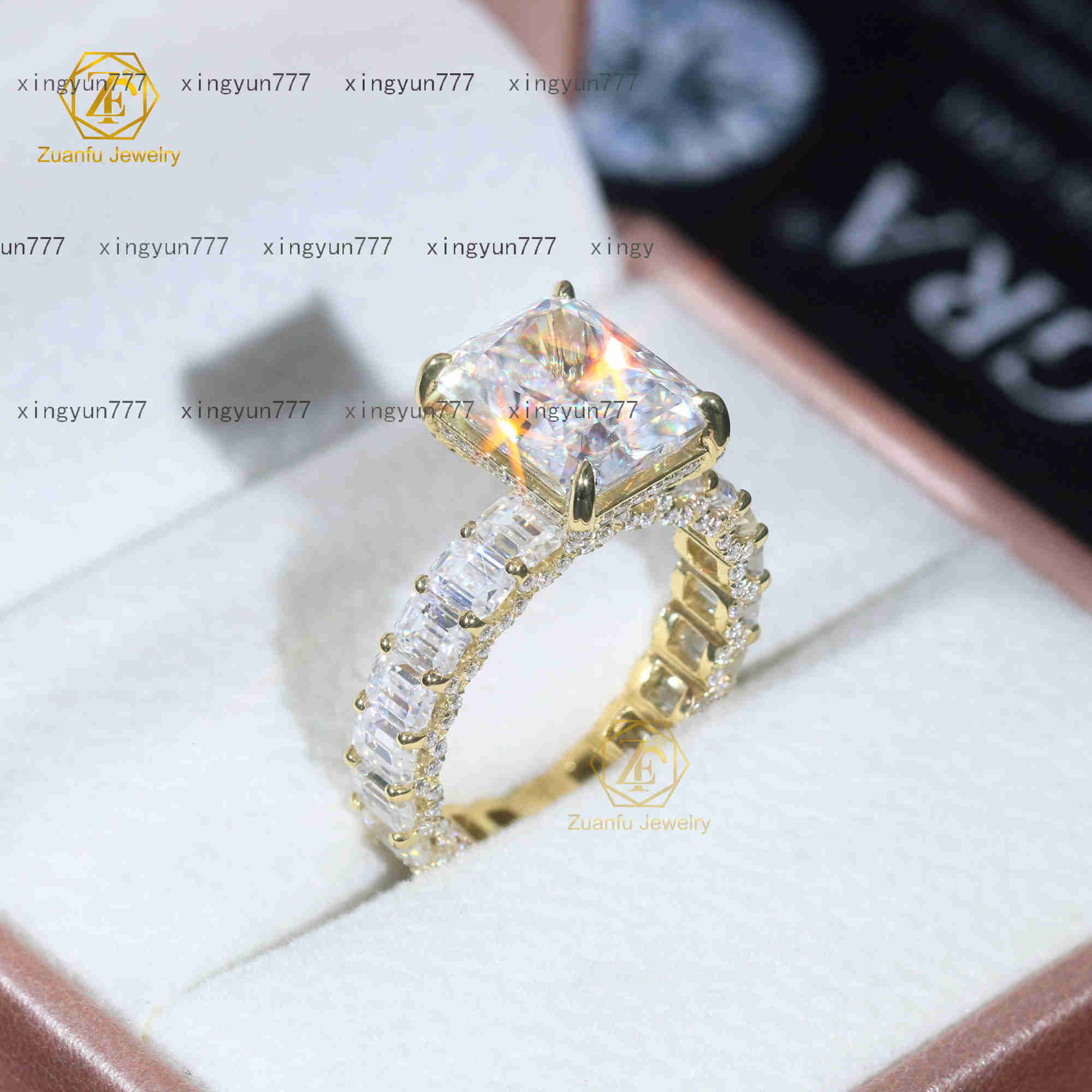 High Quality Custom 14K Solid Gold Radiant Cut Wedding Engagement Ring Elegant 9x11mm Emerald 3x4mm Radiant Cut Moissanite VVS