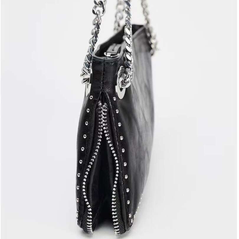 Women's 2025 Black Rivet Decoration Extended Zipper Multi Purpose New Bag