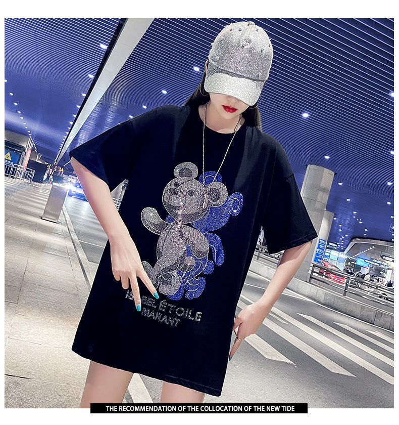 Designer Women's New Summer T-shirt Black And White Heavy Industry Hot Diamond Cotton Teddy Bear Short Sleeve Top Outdoor Casual Fashion Black Wo