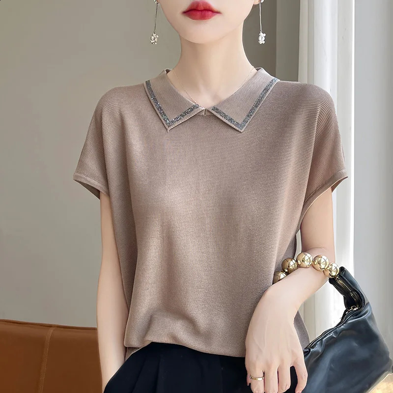 Summer Womens Lyocell POLO Lapel Short-sleeved T-shirt Breathable Loose Thin Top 250411
