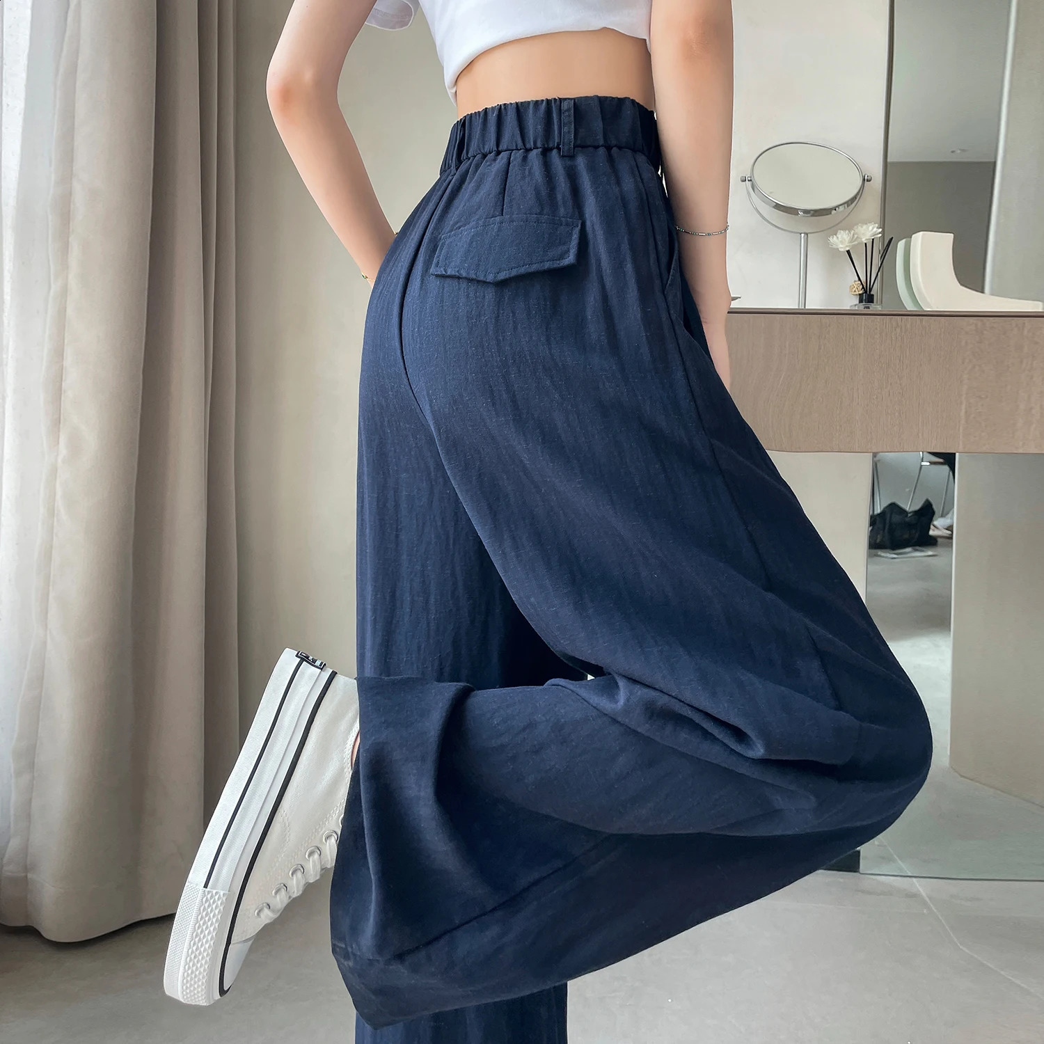 Cotton and Linen Womens Wide Leg Full Pants High Waist Summer Female Elegant Minimalism Straight Loose Trousers Autumn 250411