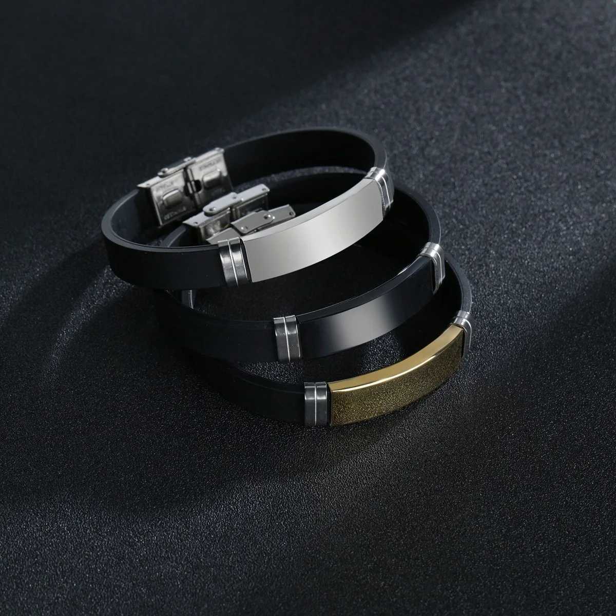 Stainless Steel Bracelet Homme Black Silica Gel Wristband Hip Hop Rock Bracelet For Men Women Couple Fashion Jewelry WholesaleC250411