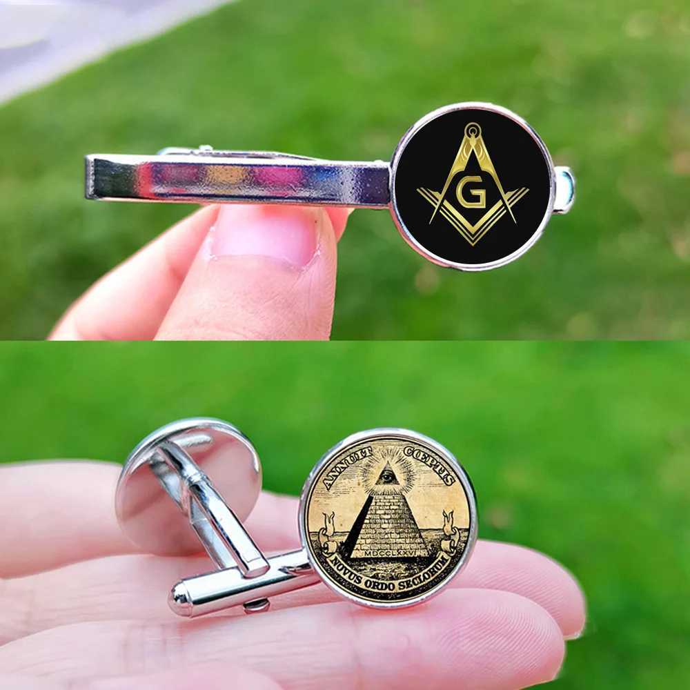 2024 New Freemason Mens Cufflinks Fashion Freemason Eye of God Symbol Glass Gemstone Cufflinks Business Shirt Button Tie ClipT250412