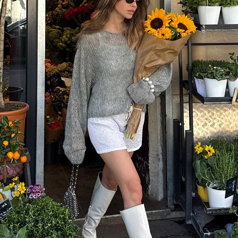 Fall women clothes Women's solid color hollowed out semi-sheer casual sweater round neck and long sleeve four seasons comfortable street loose to