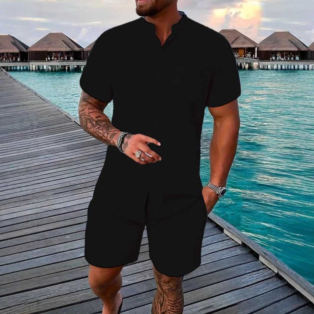 2025 European and American mens summer stand up collar solid color casual short sleeved beach setXJ250412