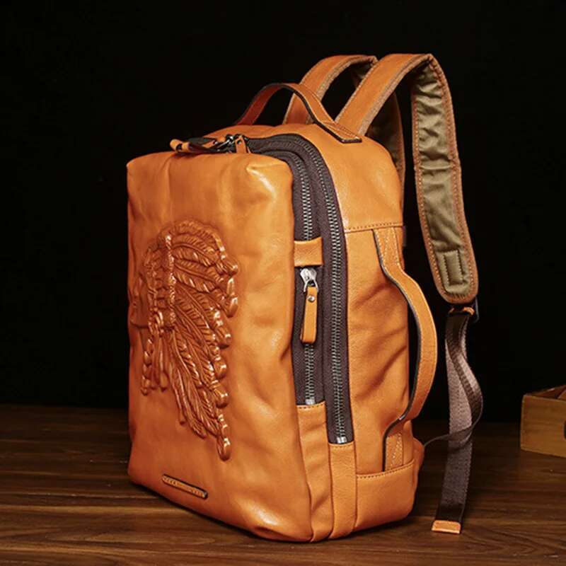 Men's Genuine Leather Backpack Trendy Fashion Tree Cream Top Layer Cowhide Large Capacity Printed Computer Bag
