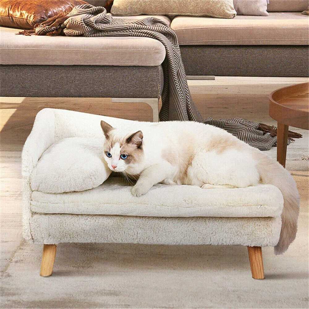 Luxury elevator dog sofa bed with backrest plush pad wooden legs raised dog bed small mid-range dog and cat chair lounge chair X250412