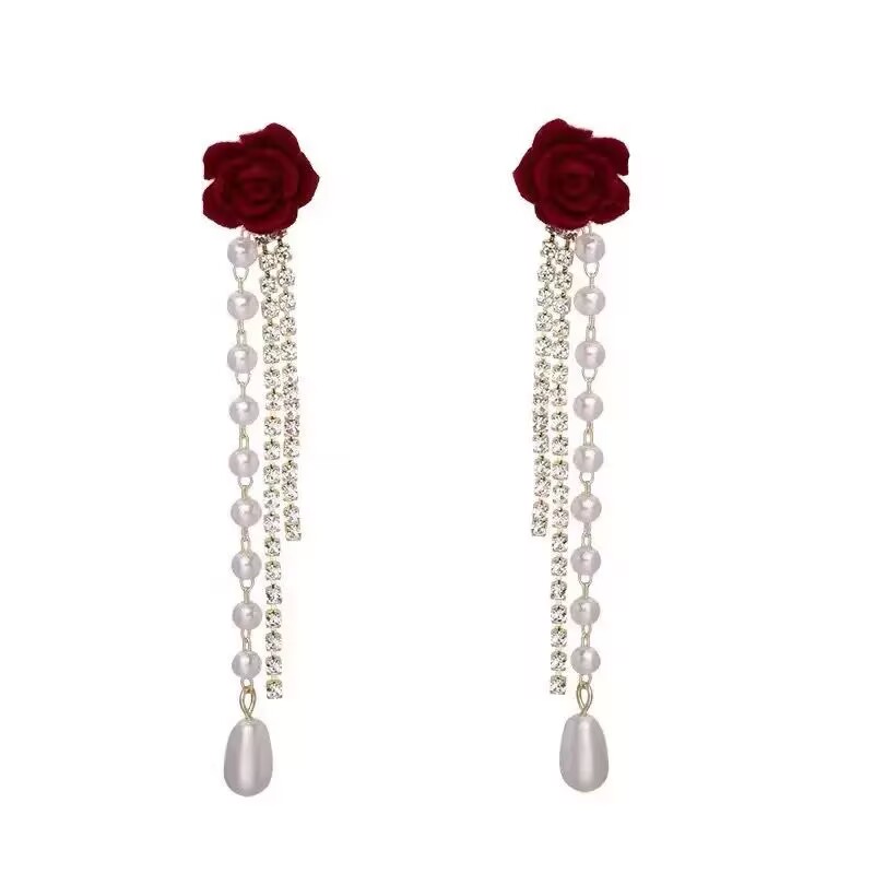 Ladies' earrings with red rose tassel earrings