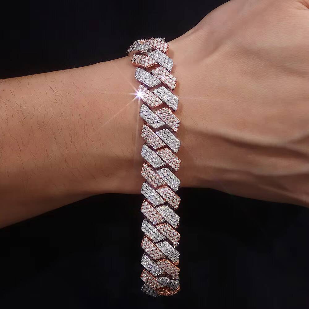 New Product Two 2 Tone Rose Gold and White 3 Row 15mm VVS Moissanite Bracelet 925 Solid Sterling Silver Cuban Chain Link Men