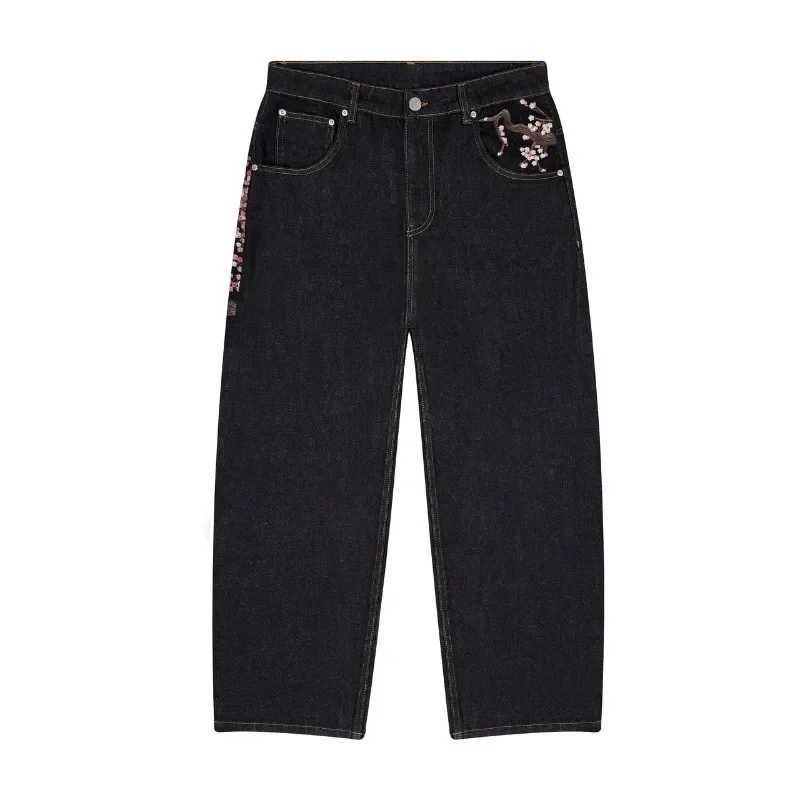 Y2K mens retro jeans embroidered floral pattern high-quality Shin Harajuku street jeans Gothic mens wide leg jeans W250412