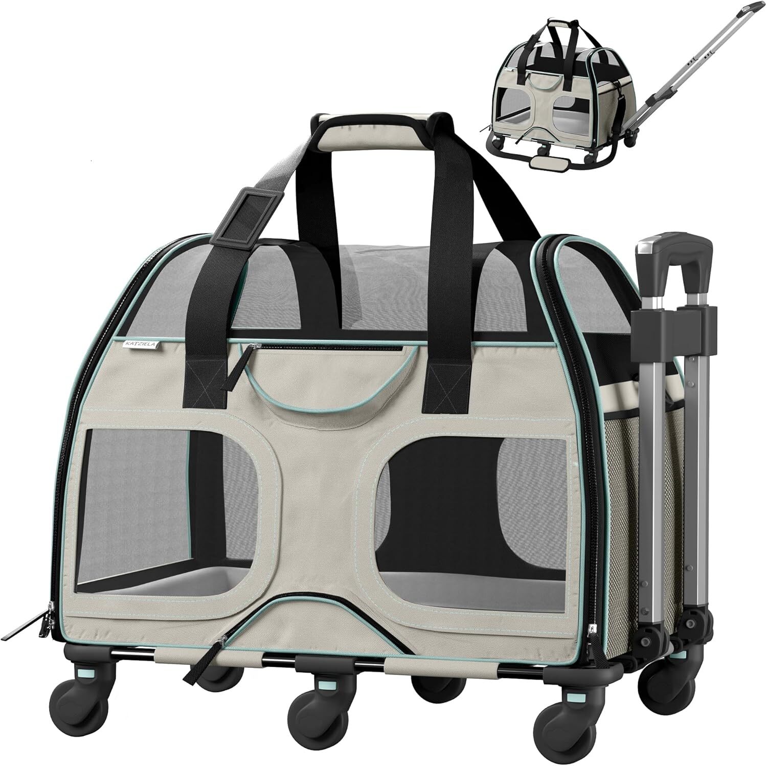 Katziela Rolling Pet Transport Bag - Airline Standard Dog Cage - TSA Approved Small Dog and Cat Pet Transport Bag - Soft FAA Travel Airplane Dog Lugga