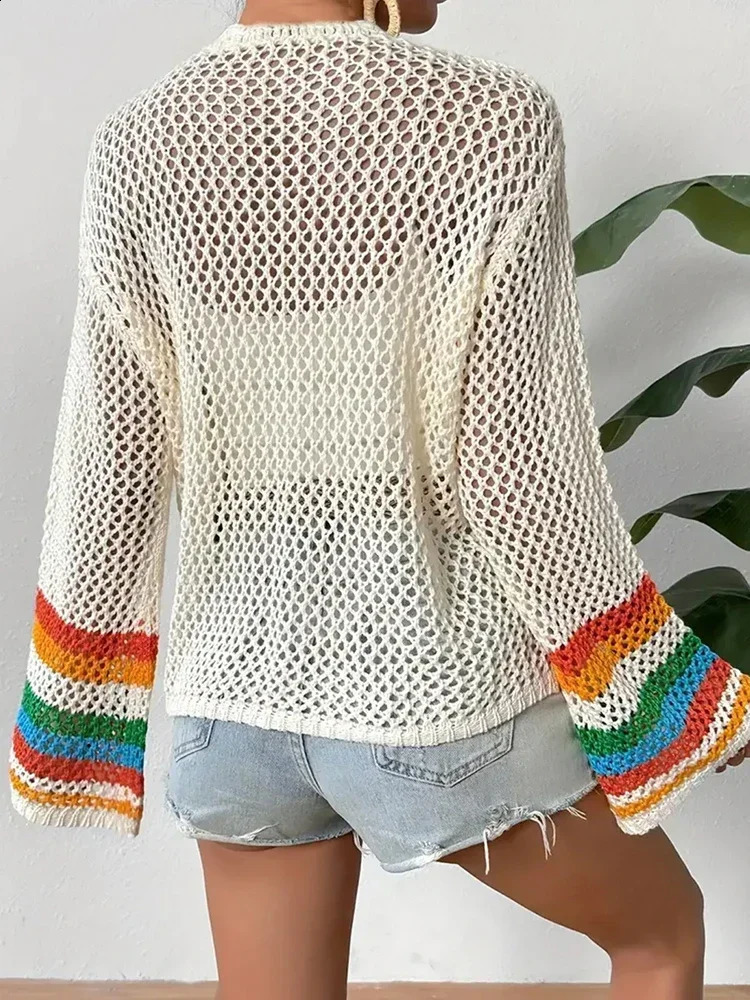Abrini Women Vintage Boho Long Sleeves Cardigan Chic Floral Hollow Knitted Shirt Casual Beach Vacation Women Cardigan Coat 250411