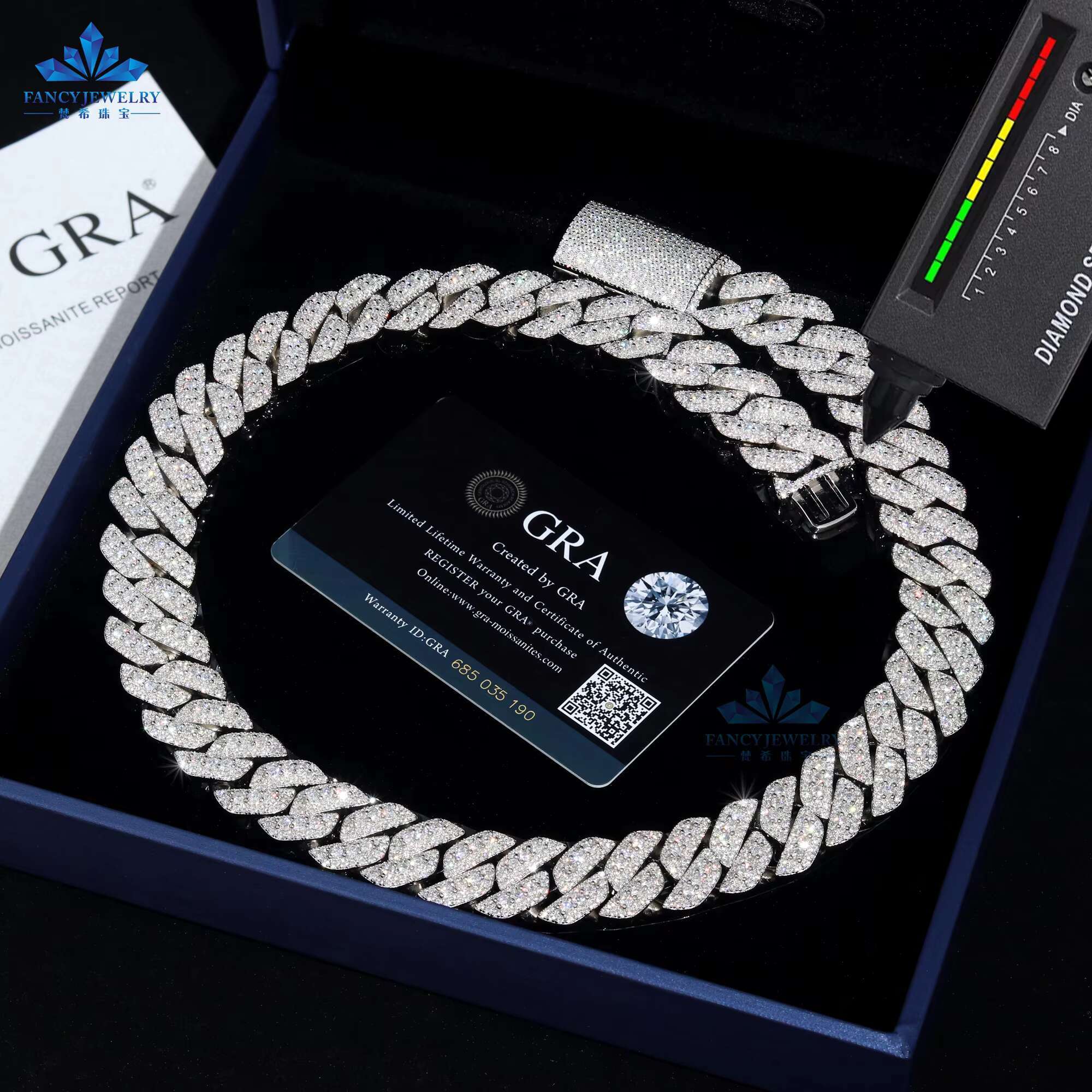Pass Tester 18mm Width 3 Rows Miami Cuban Necklace 7-24 Inches D VVS Melee Round Moissanite Diamond 925S Hip Hop Link Chain