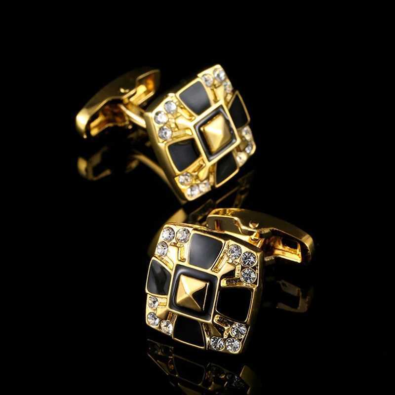 High quality gold black square crystal mens business enamel cufflinks dress accessories French shirt cuffs Fathers jewelry giftsT250412